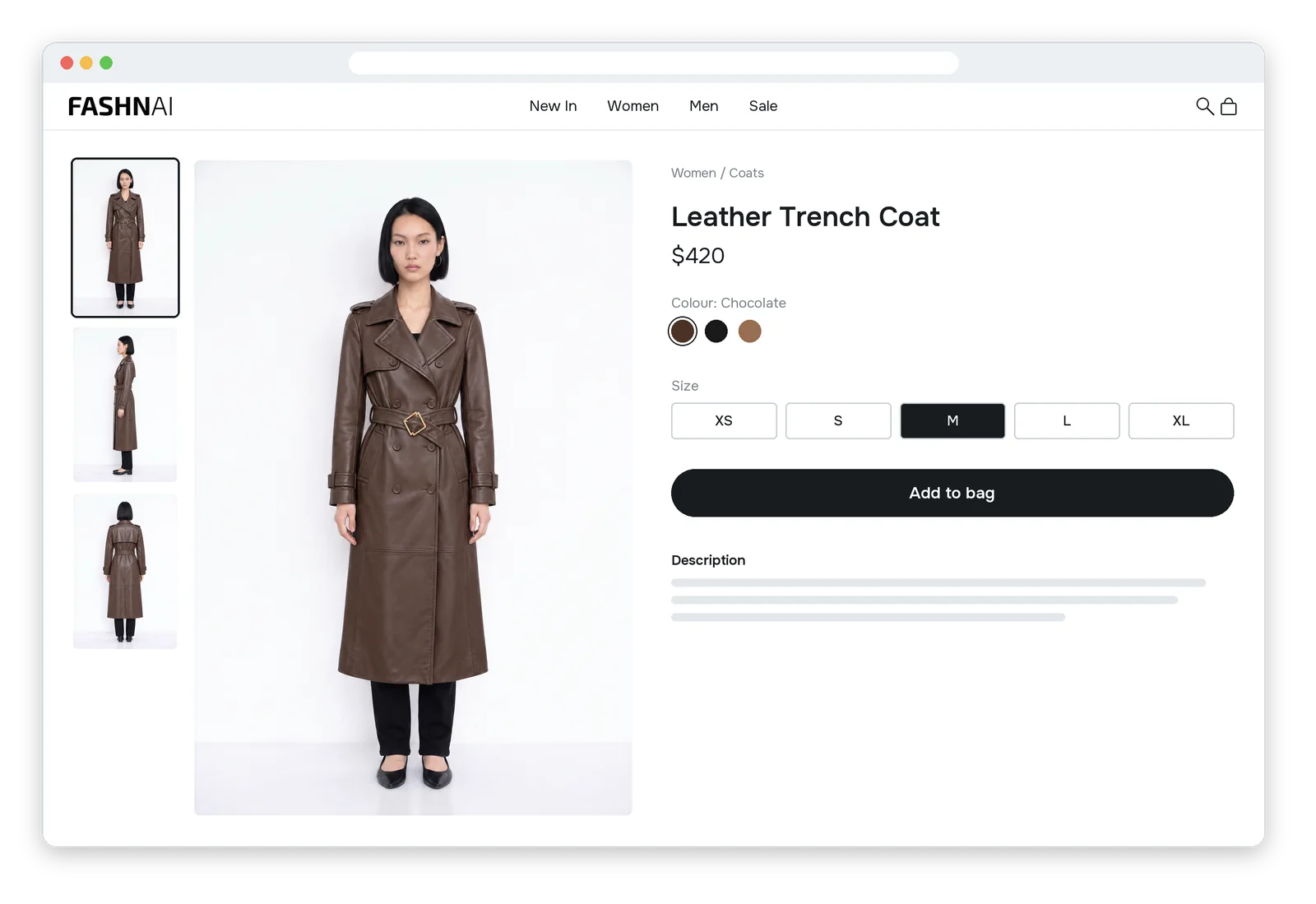 The front, side, and back views on a product page, with the size options and an Add to bag button