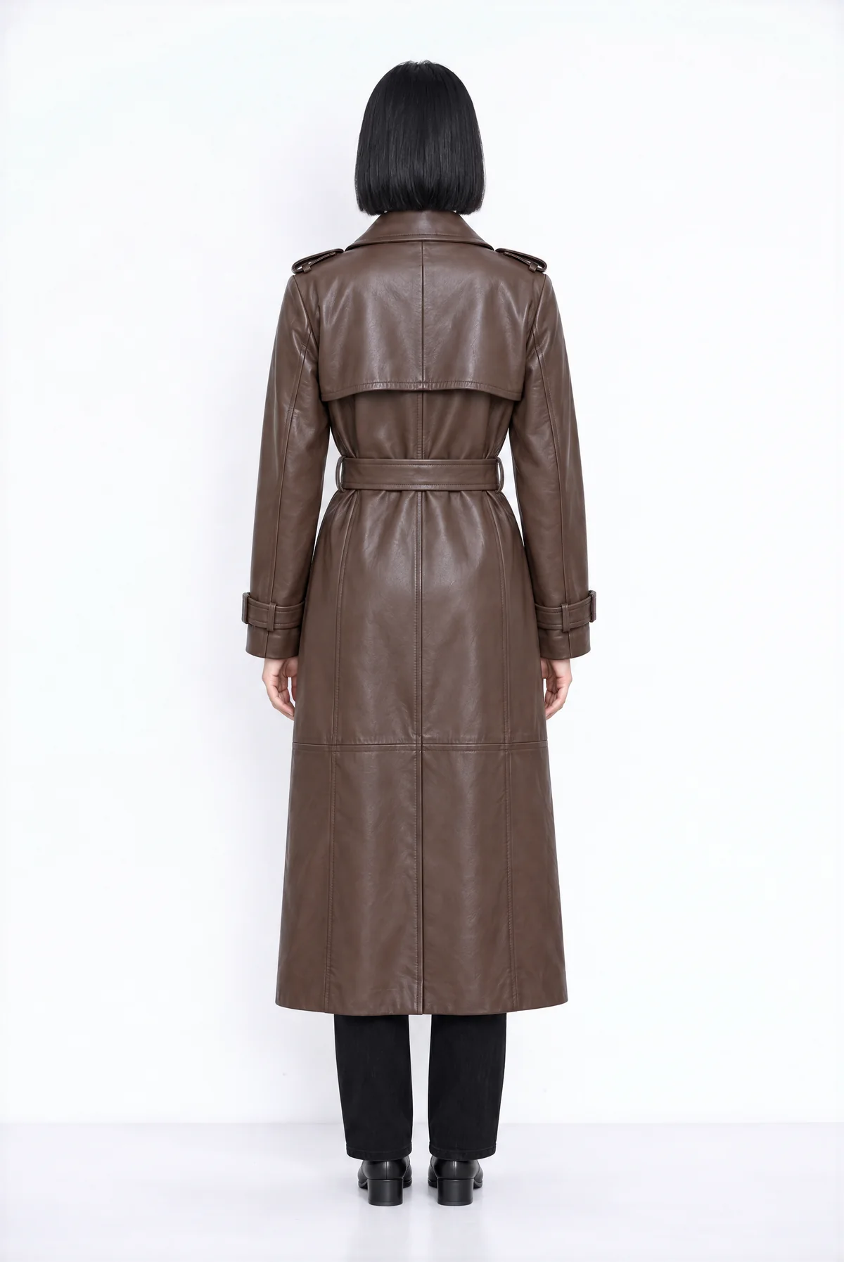 Back view from Agent: the model in the trench coat on a white background