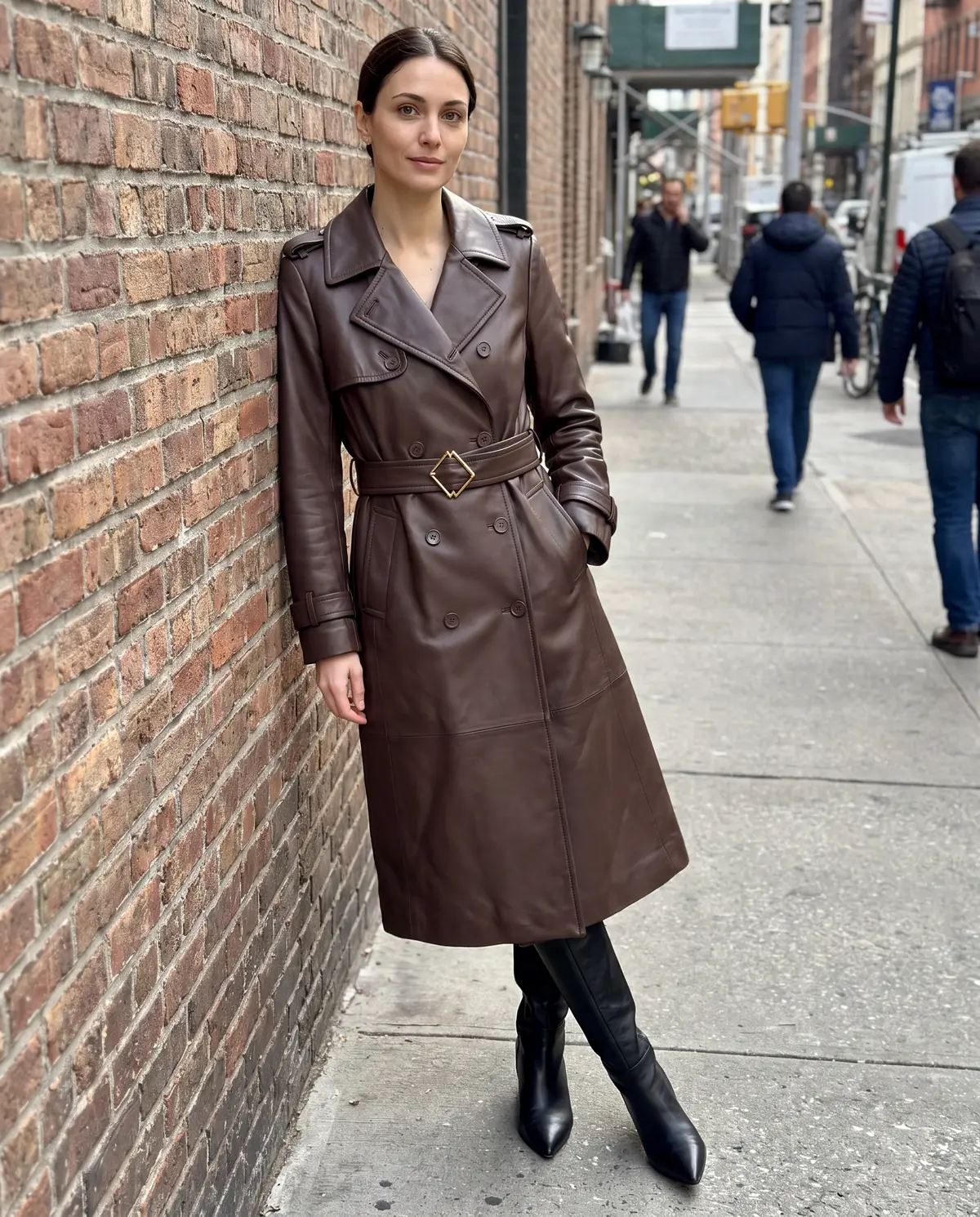 UGC photo from Agent: a woman in the trench coat and black boots leaning on a brick wall on a city street