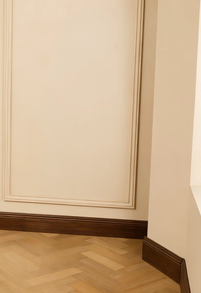 Background from Elements: an empty room with a cream panelled wall and a herringbone floor