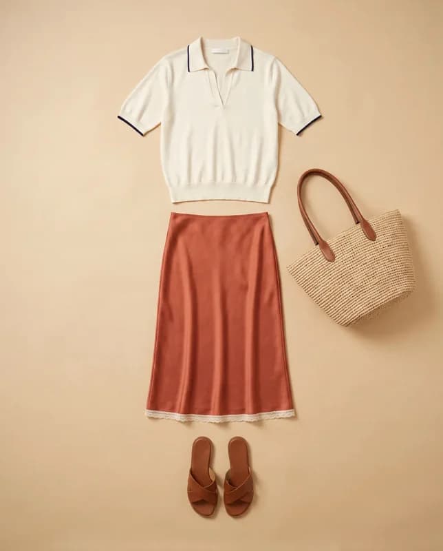 Flat lay of the first outfit: a cream knit polo, a rust satin midi skirt, a raffia tote, and brown slide sandals