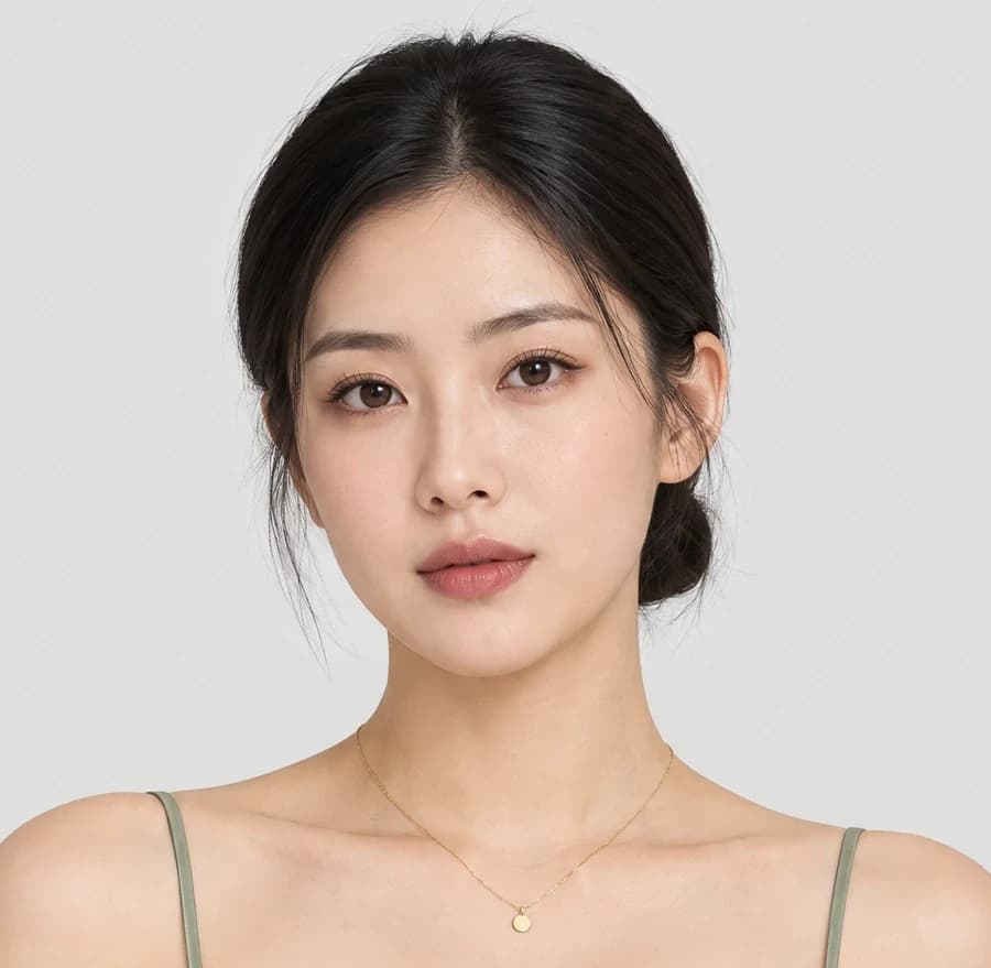 Studio photo of a model in a sage satin camisole with smooth, porcelain, airbrushed skin