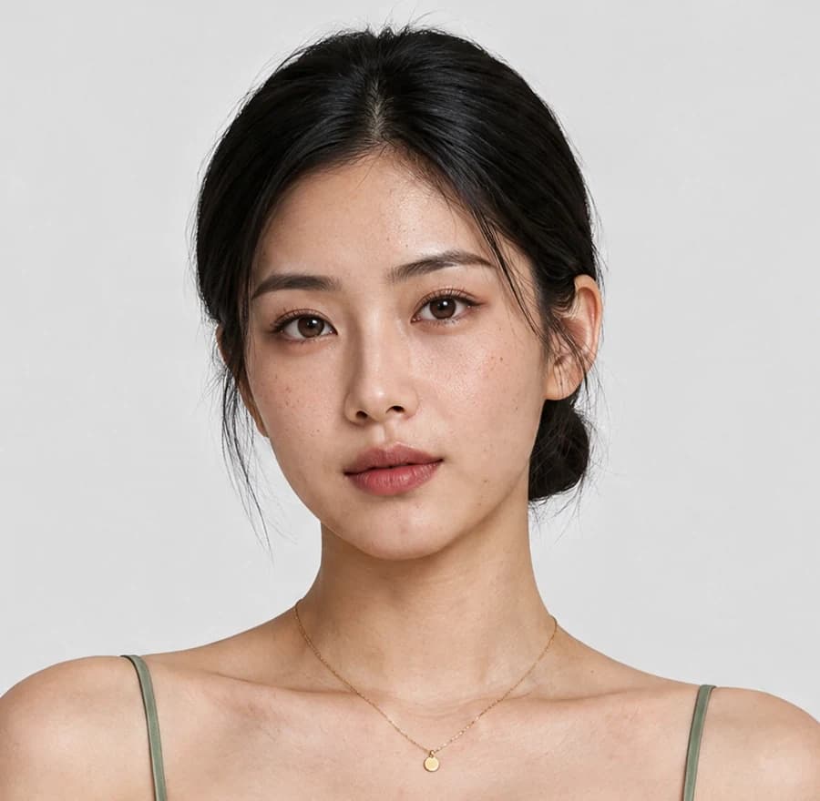 The camisole photo after a repair: the same woman with real skin, fine pores, and light freckles