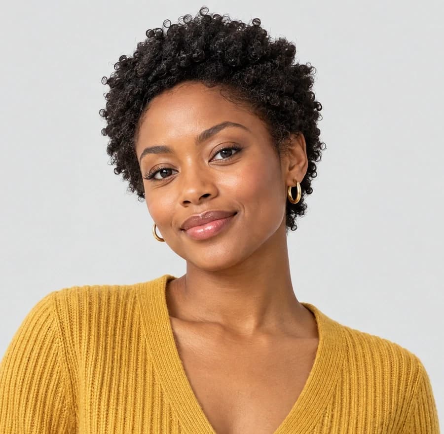 Studio photo of a model in a mustard cardigan with smooth, airbrushed skin