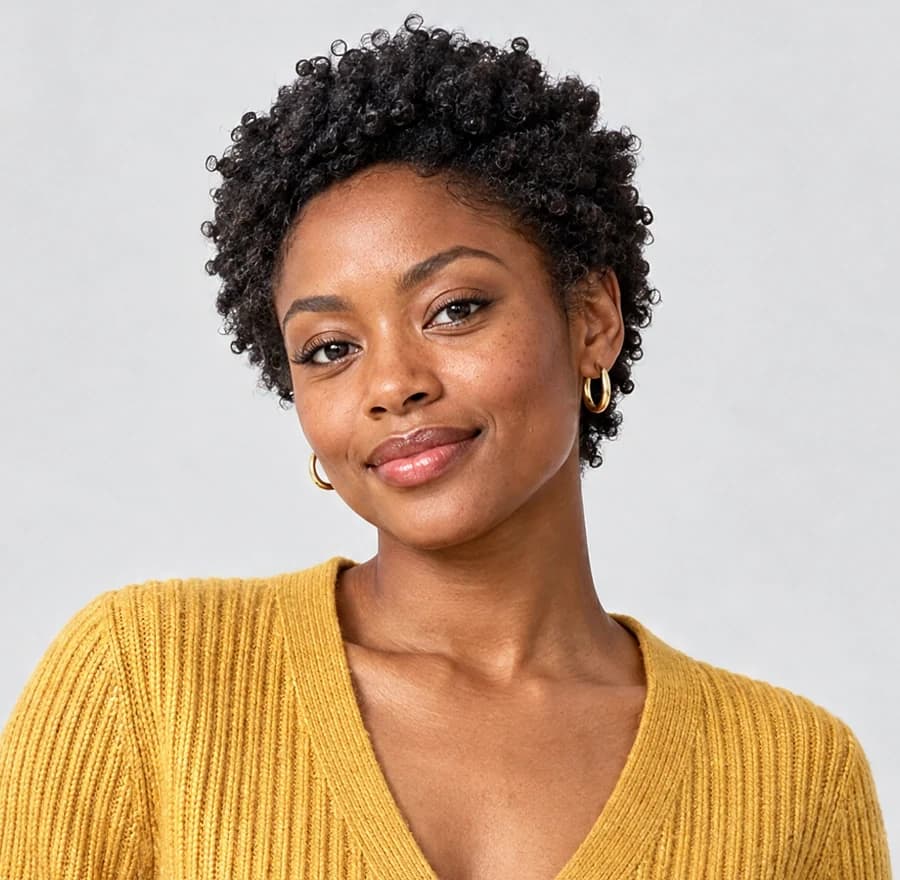 The cardigan photo after a repair: the same woman with real skin texture and pores