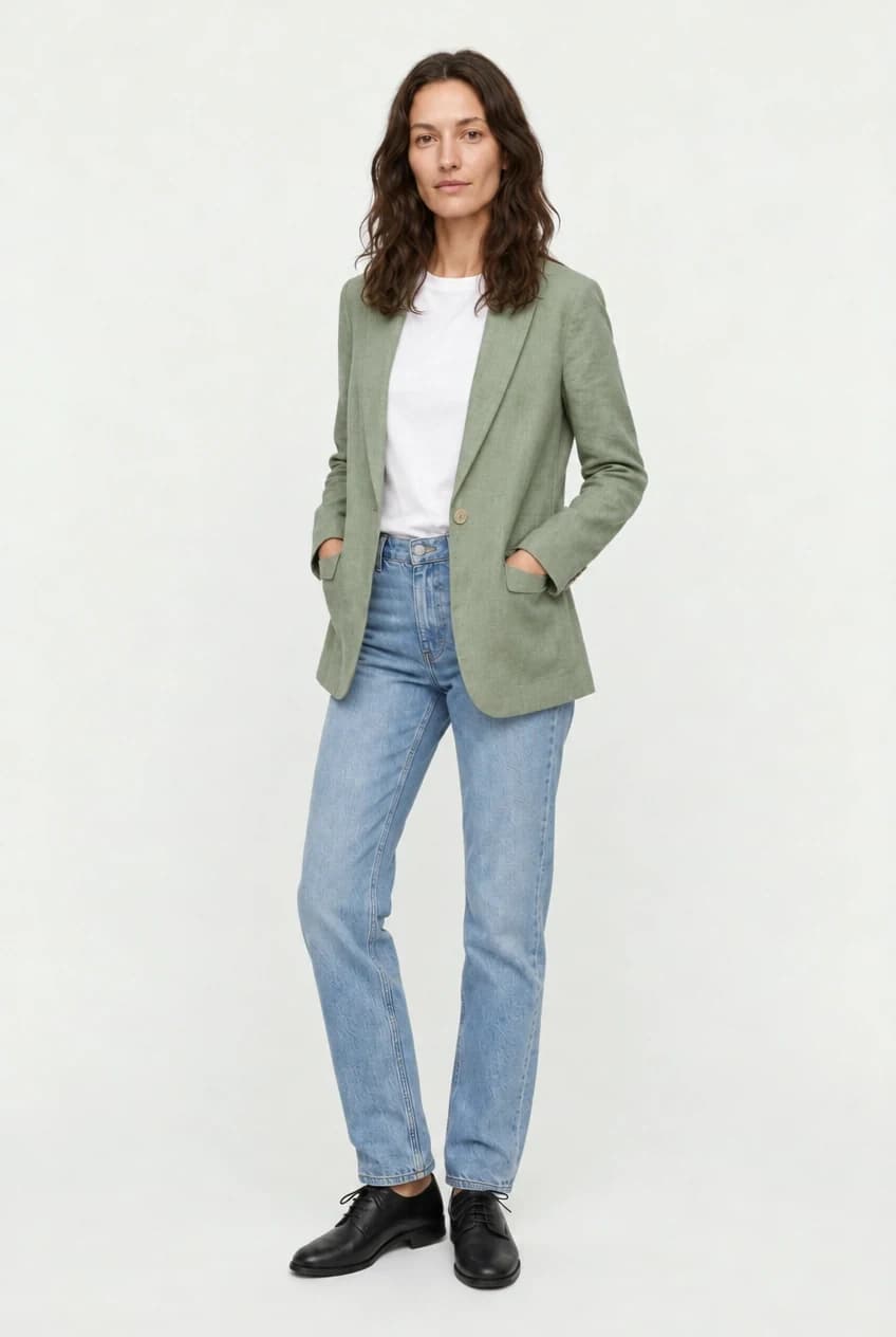 Full-body studio photo of the model, a new pose with hands in the blazer pockets
