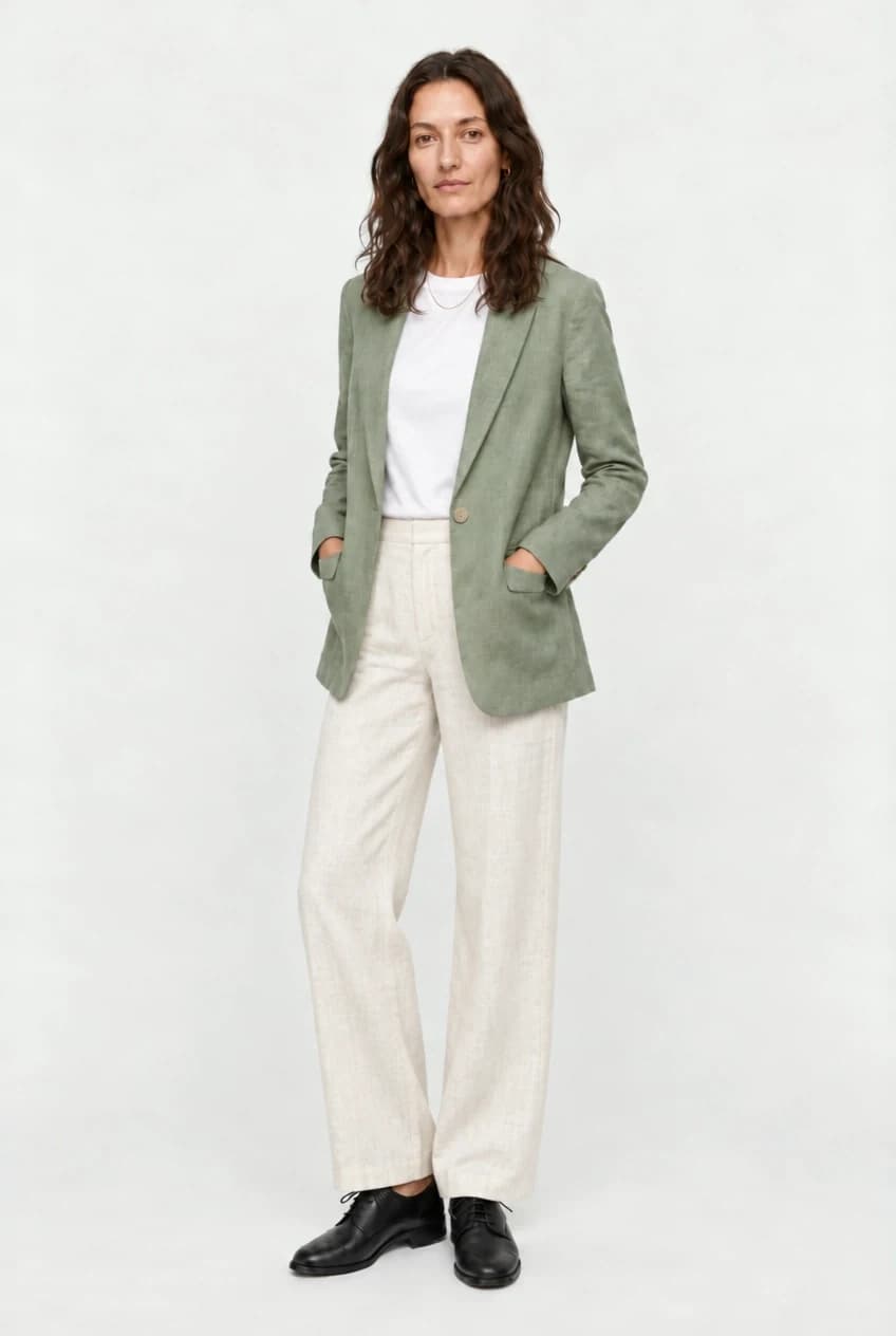 Full-body studio photo of the model, the jeans changed to wide-leg ivory linen trousers