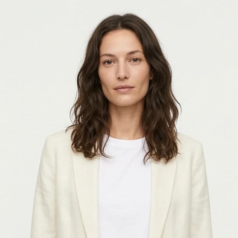 Close up of the first image: natural skin, defined hair, and linen texture on the blazer