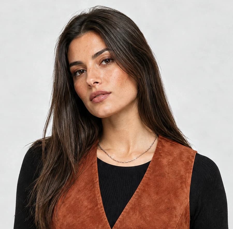 The vest photo after a repair: real skin texture, freckles, and natural tone