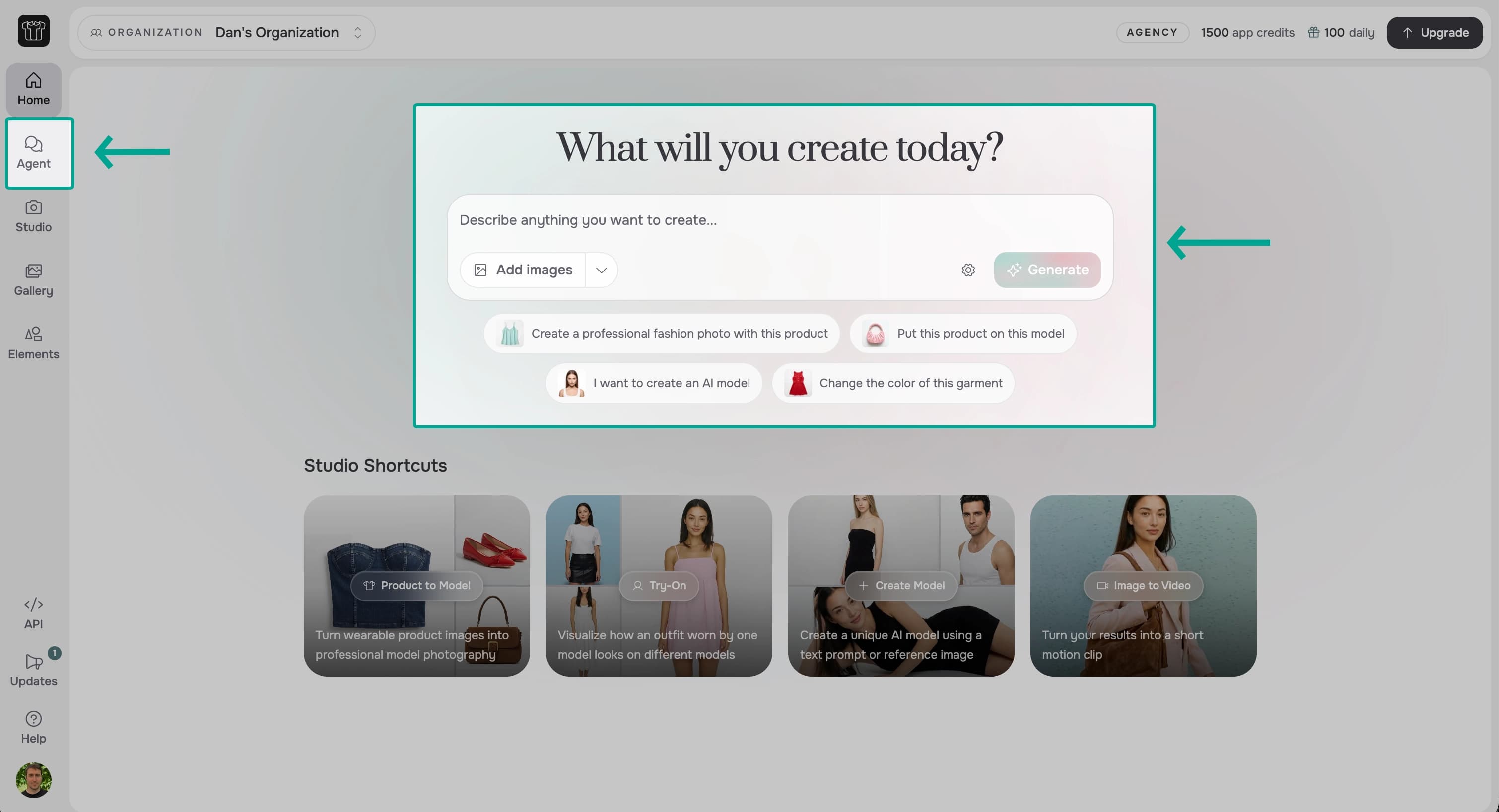 Home page with Agent in the sidebar and the Agent prompt highlighted