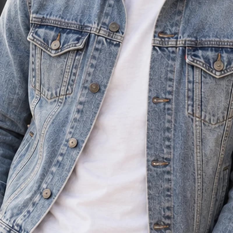 Close up of a 1K image: a denim jacket with a smudged weave and soft stitching