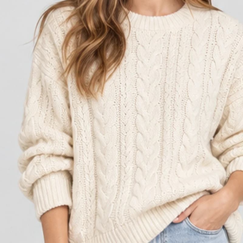 Close up of a 1K image: a cream cable-knit sweater with soft, blurred stitches