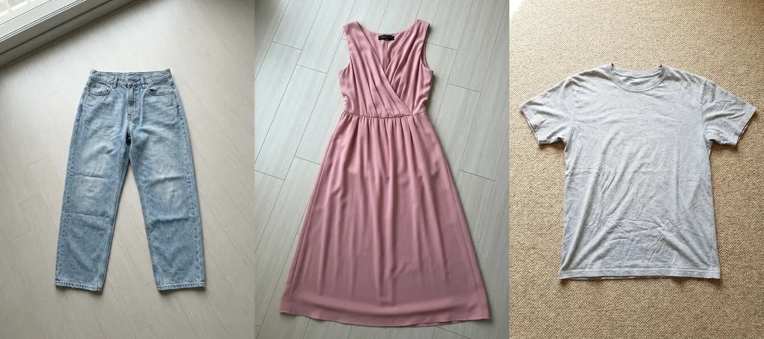 Three amateur on-floor source photos suitable for Packshot: a folded floral dress, a folded white t-shirt, and folded blue jeans