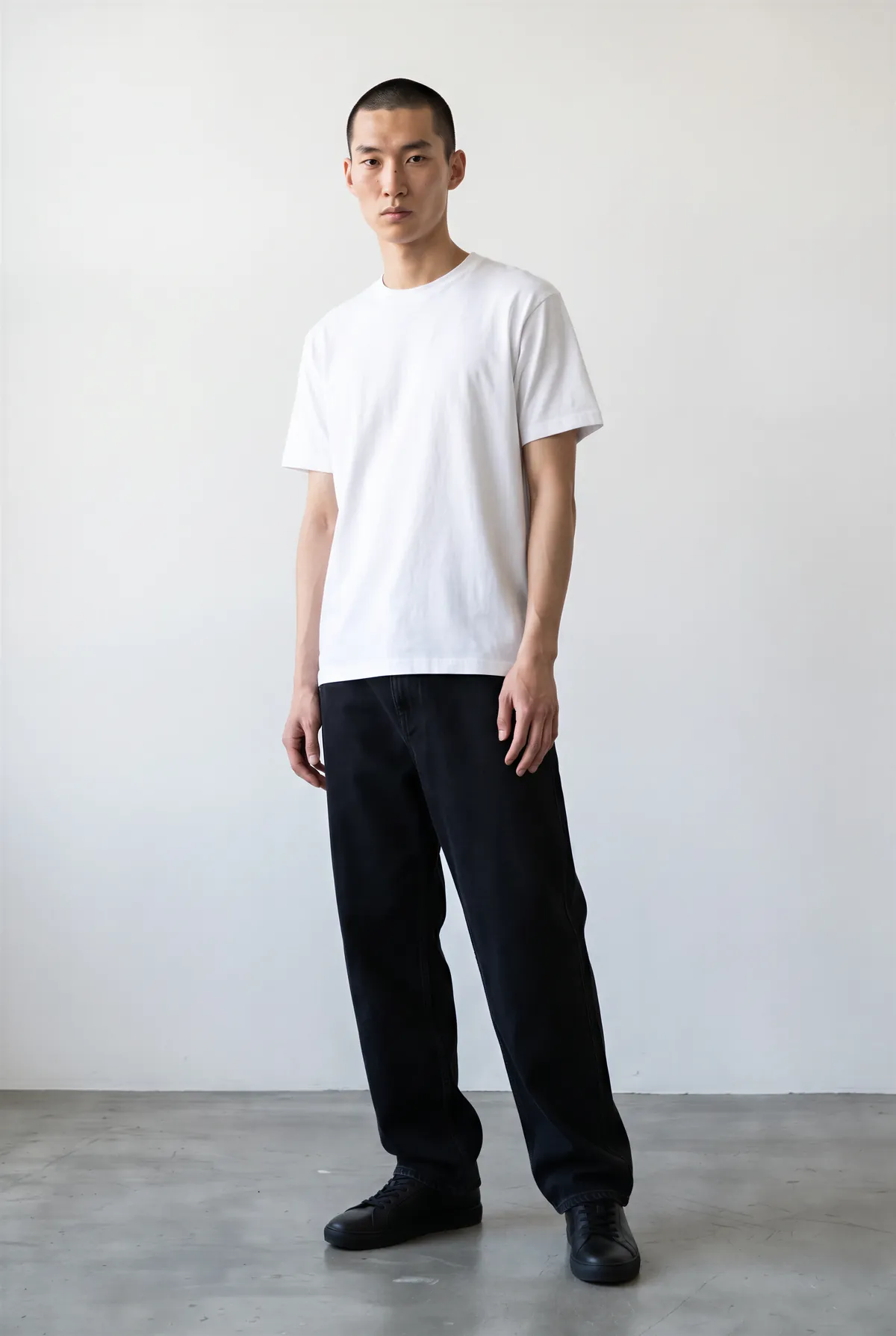 The model image: a man in a white T-shirt and black trousers