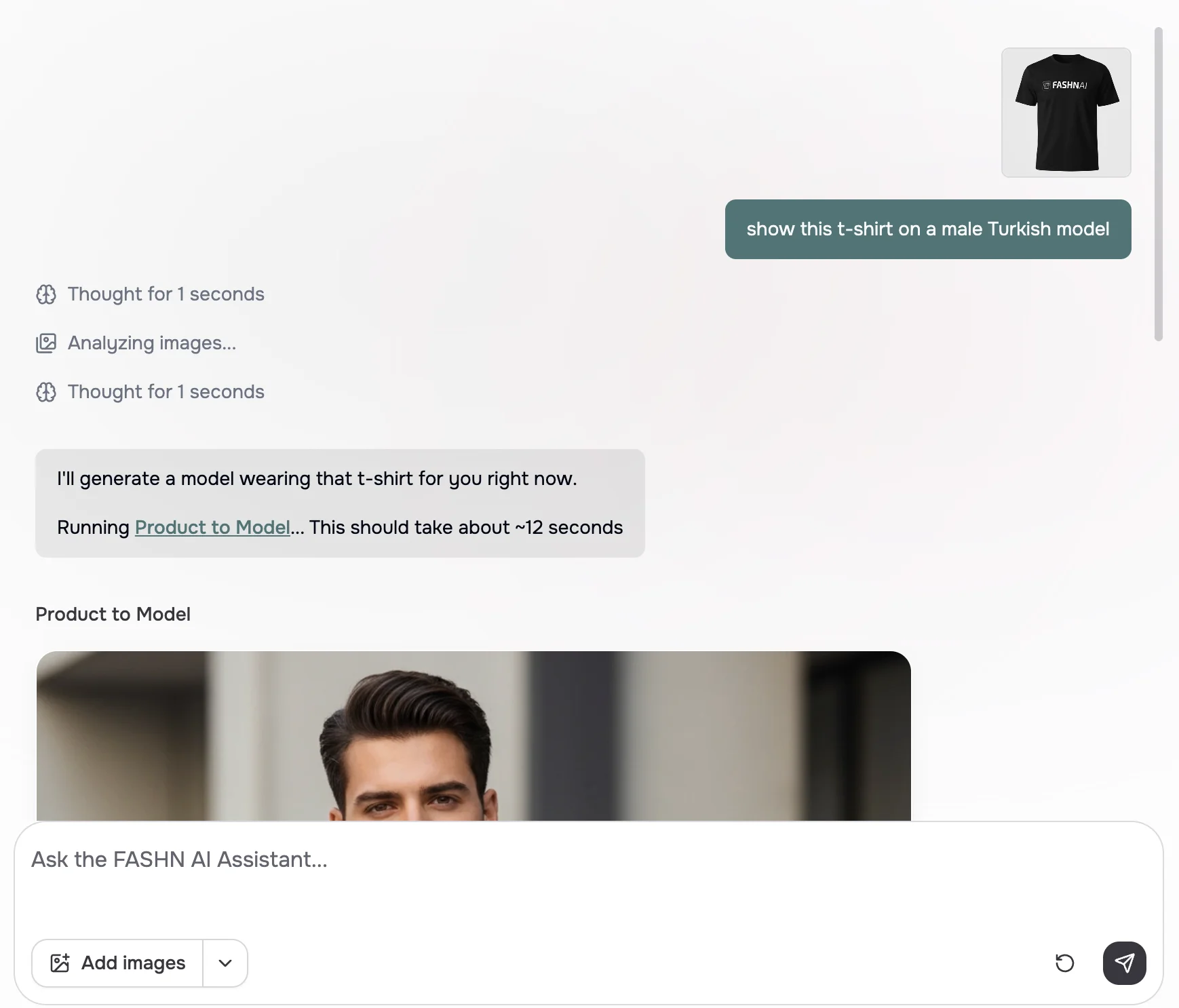 AI Assistant conversation showing a product image generation with the result inline