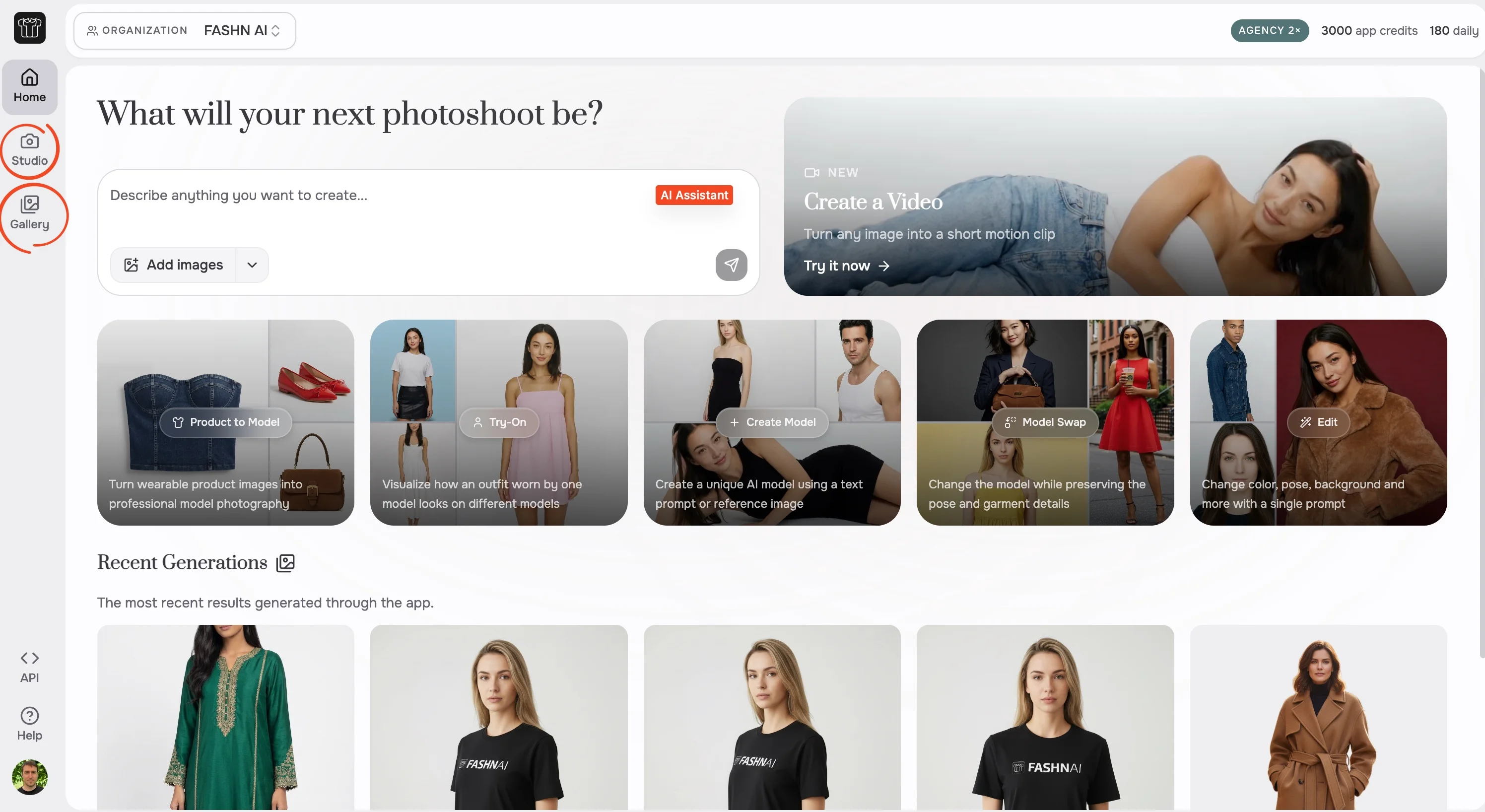 Home Dashboard showing AI Assistant, tool cards, and recent generations