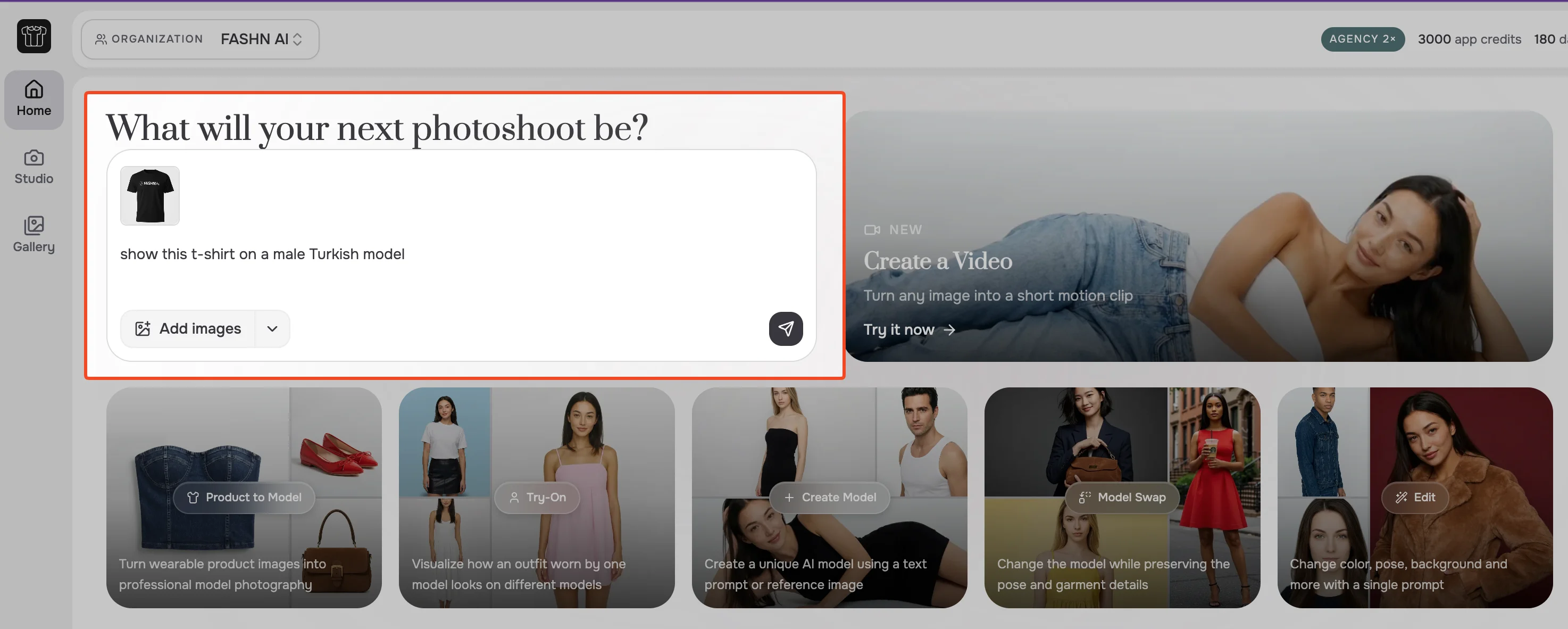 Typing a prompt and attaching a product image in the AI Assistant on the Home Dashboard