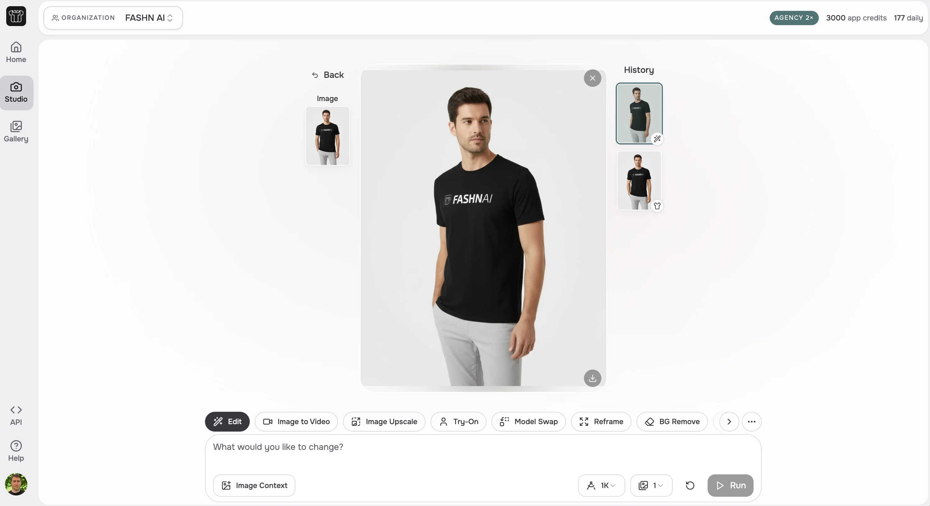 Studio showing a generated result with post-result suggestions and iteration prompt