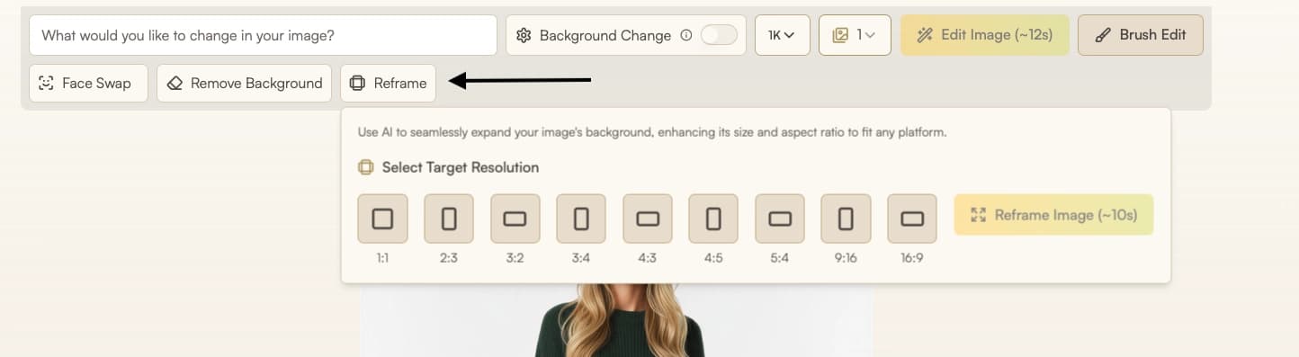 Open Reframe and pick a target ratio