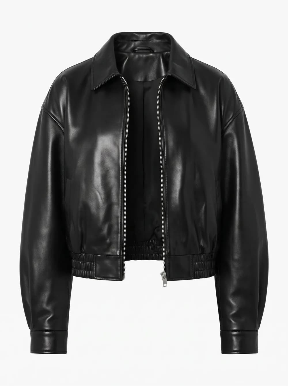Product photo: a black leather bomber jacket