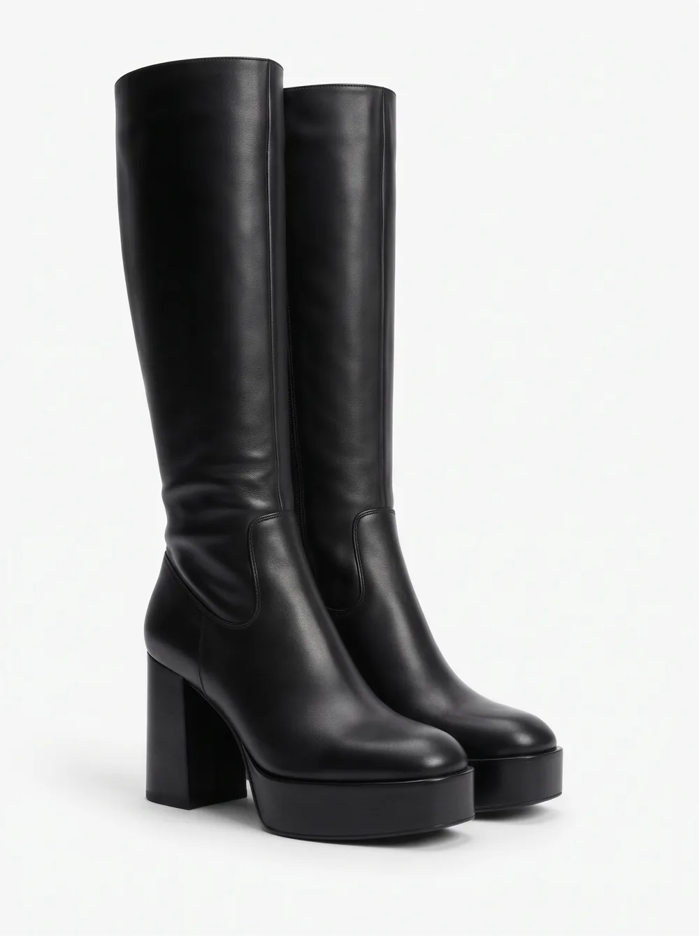 Product photo: black leather knee high platform boots